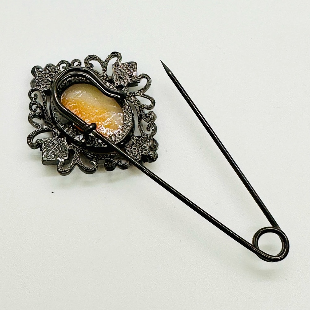 Rhinestone Cameo Safety Pin Brooch - Picture 3 of 12
